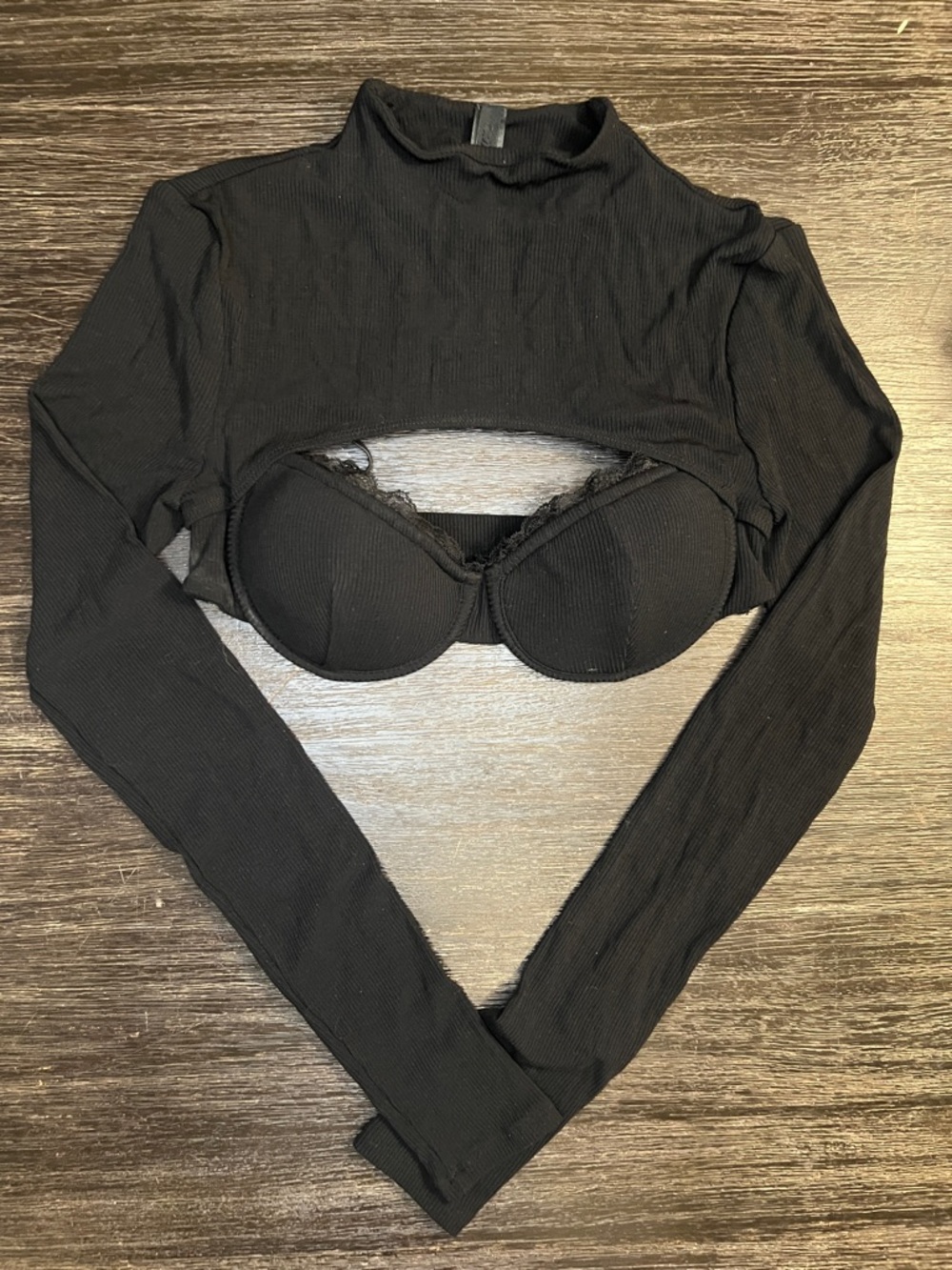 SKIMS Black Long Sleeve Cropped Mock Neck Top with Underbust Cutout